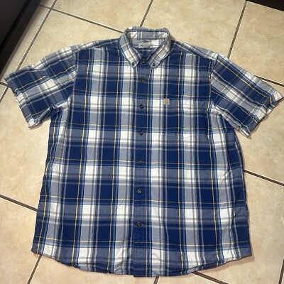 Carhartt Plaid Blue Button Up Relaxed Fit Short Sleeve Shirt Mens Size XL Work
