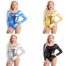 Womens Metallic Liquid Faux Leather Long Sleeve Gymnastic Dance Leotard Bodysuit