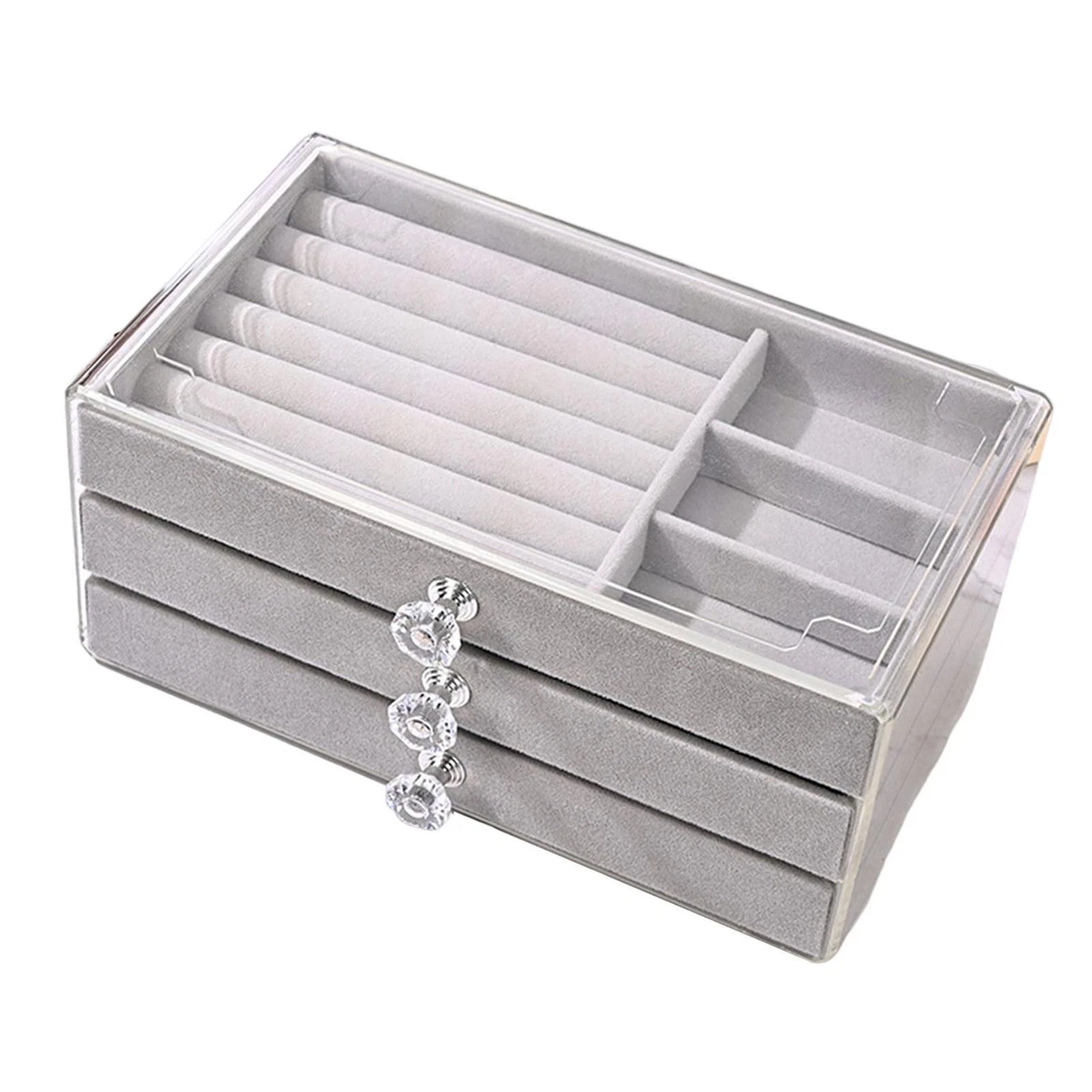 Clear Acrylic Jewelry Organizer with 3 Drawers Grey Velvet Jewelry