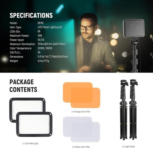 Basic LED Video Light Panel Lighting Kit, 2 Pack Bi Color Dimmable Portable Stud - Picture 8 of 8