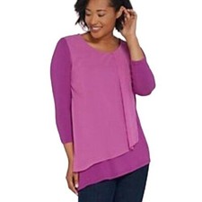 H by Halston Scoop Neck Top XXS Chiffon Drape Mixed Media Asymmetrical Hem 