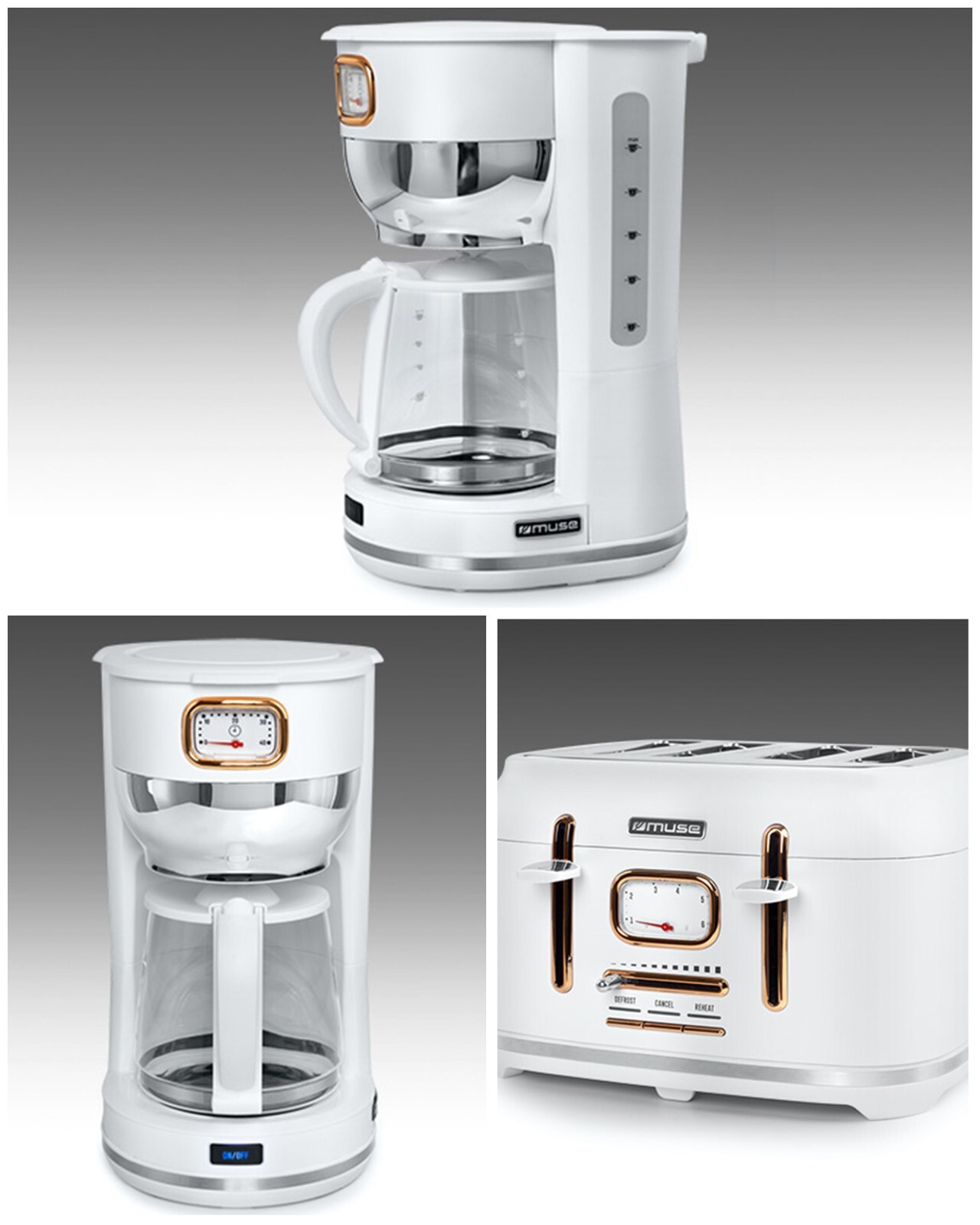 Cafetière rétro vintage 1000W sans fil blanche doré avec grille-pain vintage de cuisine