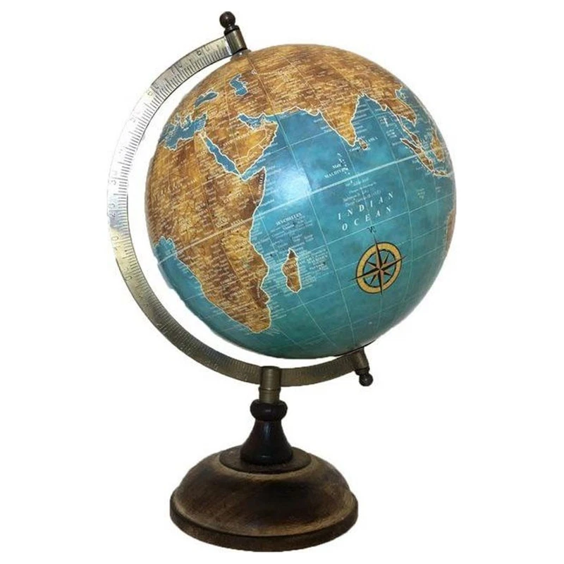 Mappamondo Globo Terrestre Blu Base Legno 30 cm da Scrivania Vintage Geografico, fotografia 7 di 9