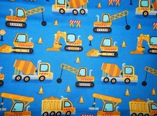 blue Construction Crew cotton fabric heavy equipment cement dump truck crane BTY