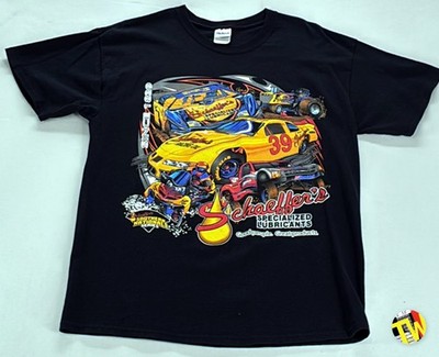 Y2K Gildan T-Shirt Schaeffer's Oil Racing Graphic All Over Print Tee L