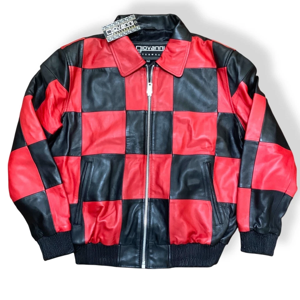 Chaqueta de Cuero De Colección Negra Roja A Cuadros Carreras Motociclista Años 90 L Mafia Esposa Bombardero Foto 4 de 4