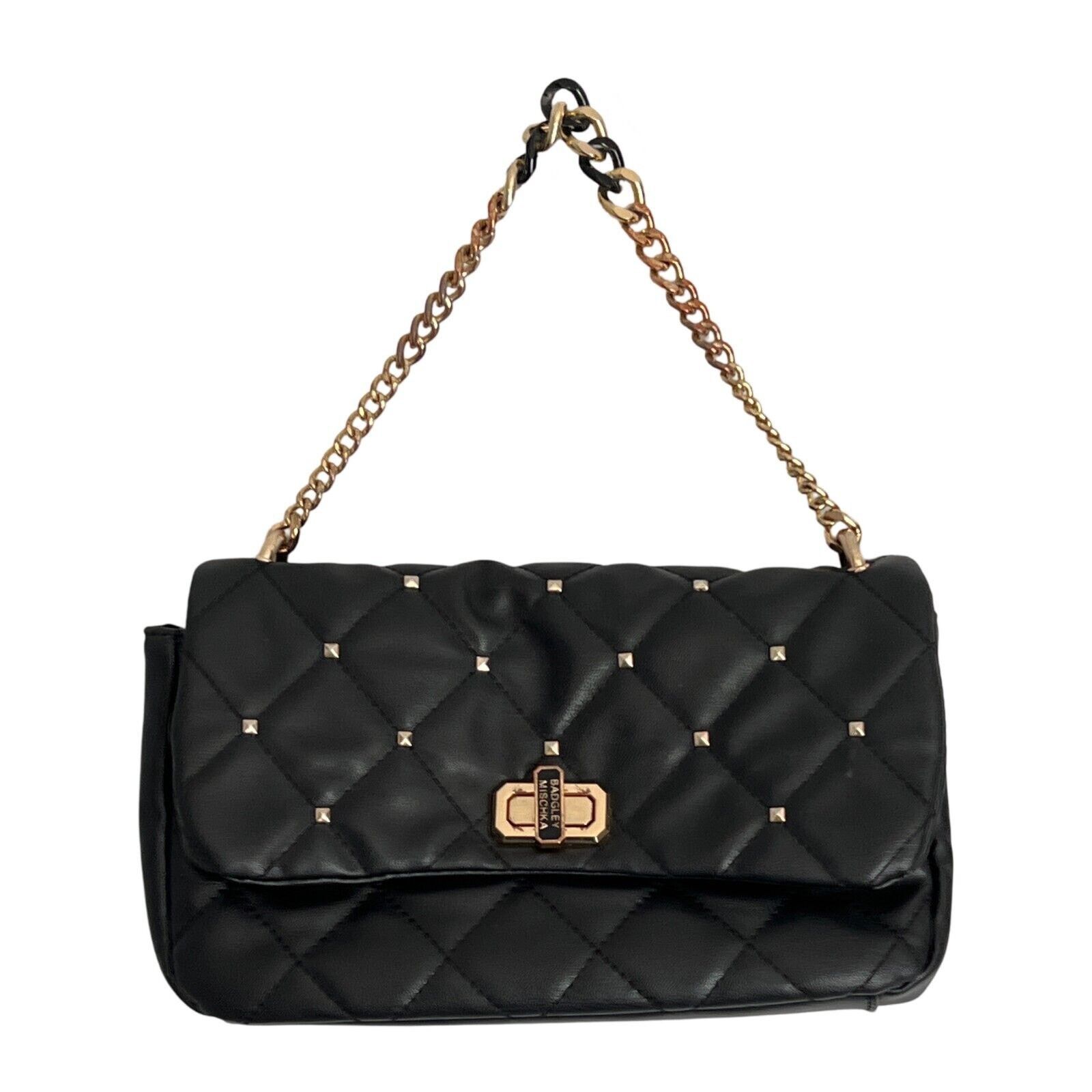 Vintage Badgley Mischka Black Quilted Shoulder Bag with Gold Chain & Pockets  
