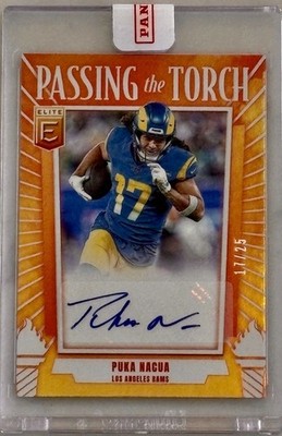 Puka Nacua Torry Holt 2025 Donruss Elite Passing the Torch Auto 17/25 JSY # 1/1