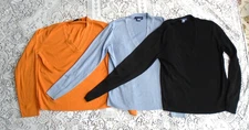 Lot of 3 Ann Taylor 100% Silk Black/Sage/Orange V-Neck Sweaters - Size Medium
