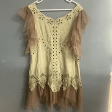 Elegant cream and tan tulle eyelet fairycore whimsygoth tinkerbell tunic M/L #73