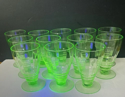 12 Vtg Depression VASELINE/URANIUM Juice Glass Ribbed Optic Footed 4”