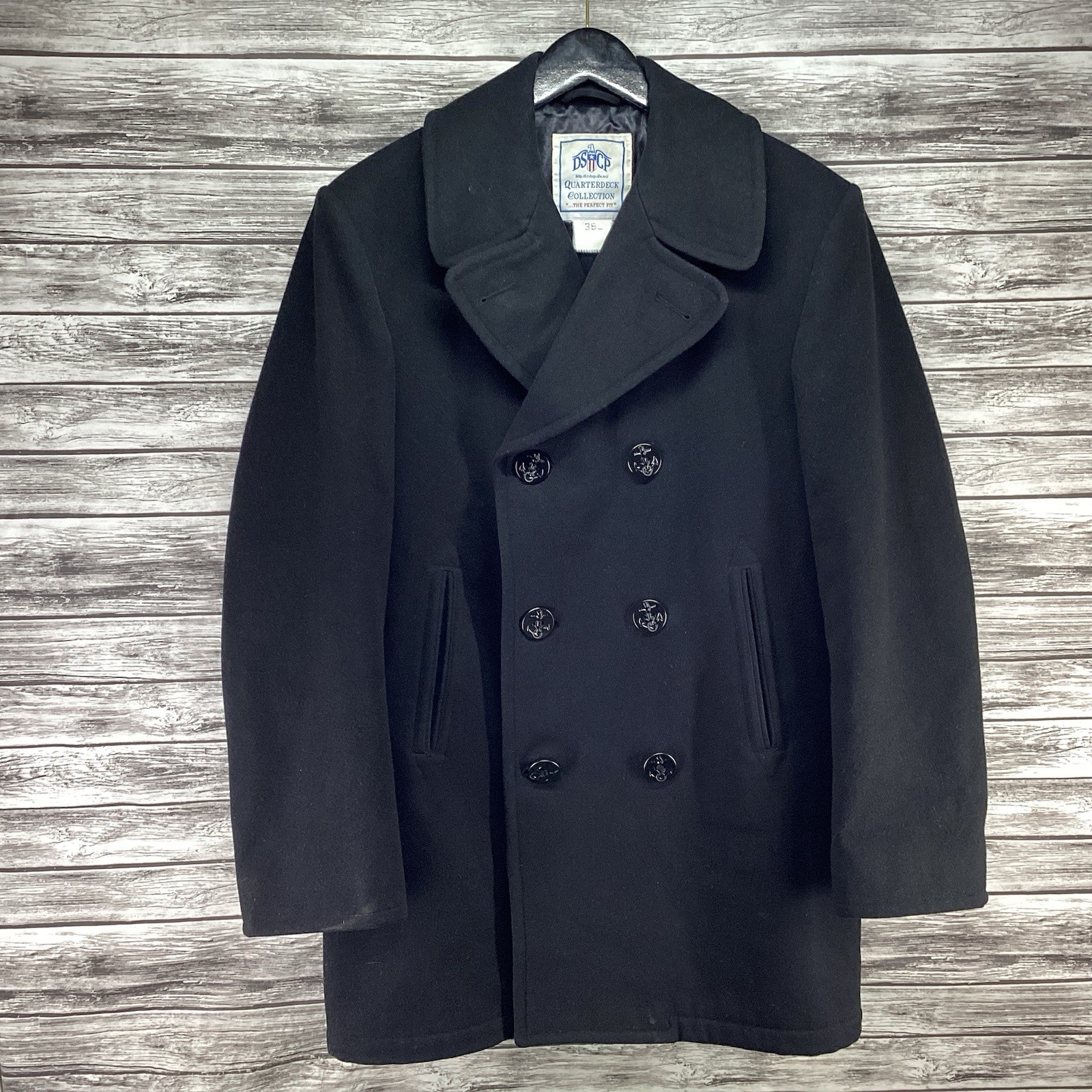DSCP Quarterdeck Collection Pea Coat Mens 38L Black Navy Double Breasted Wool