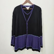 Exclusively Misook Cardigan Tank Top 2 pc Set XL Black Purple Knit Office Career