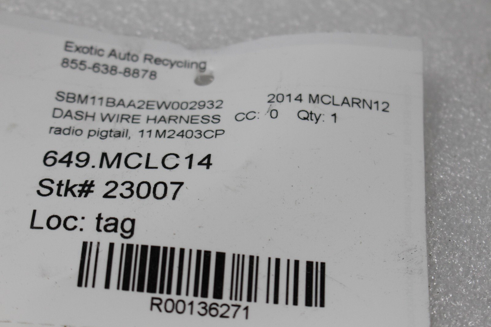 McLaren MP4-12C, Radio Link Wire Harness, Used, P/N 11M2403CP