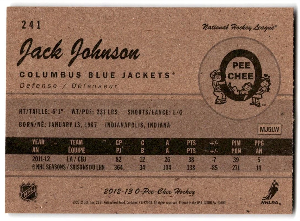 2012-13 O-Pee-Chee Retro Jack Johnson #241 Columbus Blue Jackets - Image 2 of 2