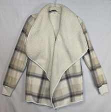 Abercrombie Fitch Jacket Sherpa Lined Fleece Open Front Plaid Beige Gray sz S