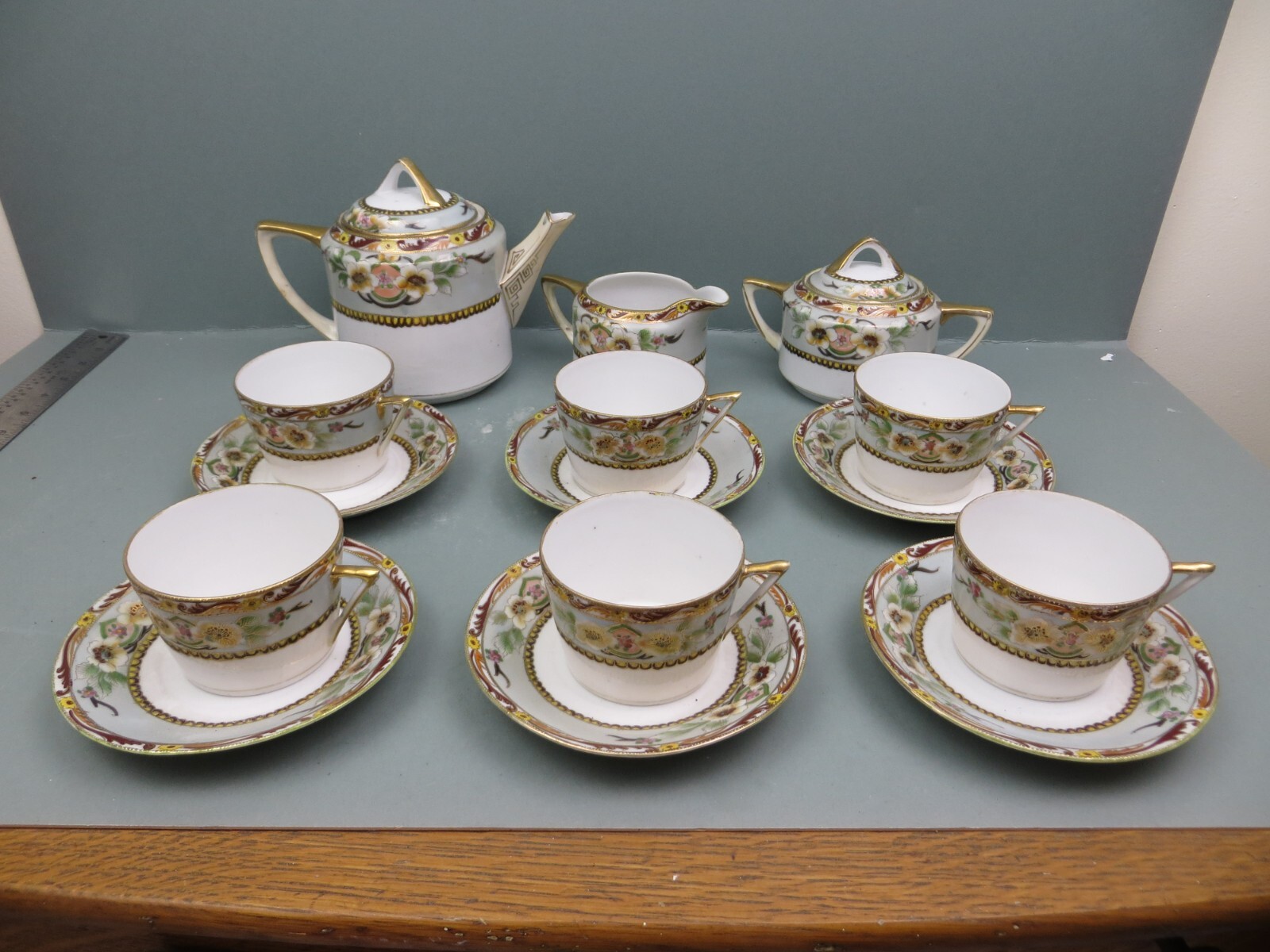 Nippon Blue Pagoda tea set, gold trim, moriage, flowers eBay