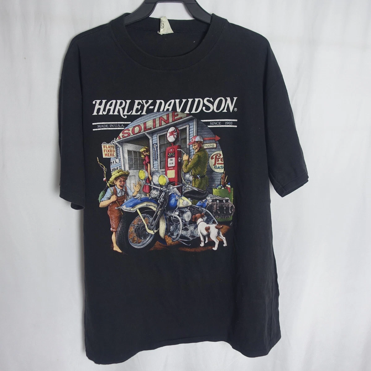 Vintage 80's Harley Davidson Gasoline 3D Emblem Motorcycle T-shirt Black Vtg