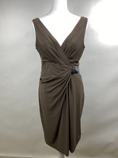 Anne Klein 6 Brown V-Neck Faux Wrap Dress Front Sequin Detail Sleeveless Stretch
