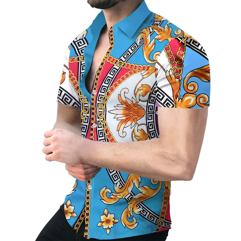 ⭐Button Down Shirts Men Baroque Hawaiian Blue Red Floral Short Sleeve Casual Tee