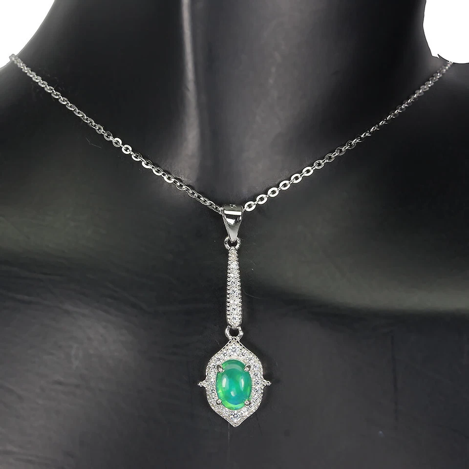 Collana In Argento Sterling 925 Con Opale Di Fuoco Gemma Simulata Cz 7x5mm - Immagine 2 di 4