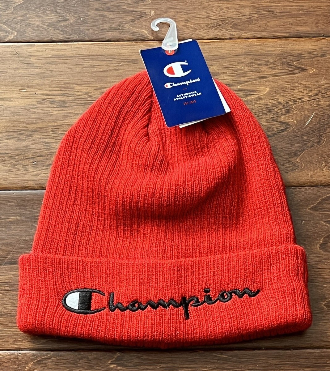 Champion Pivot Red Script Spell Out Mens OS Cuffed Skull Cap Logo  Beanie Hat