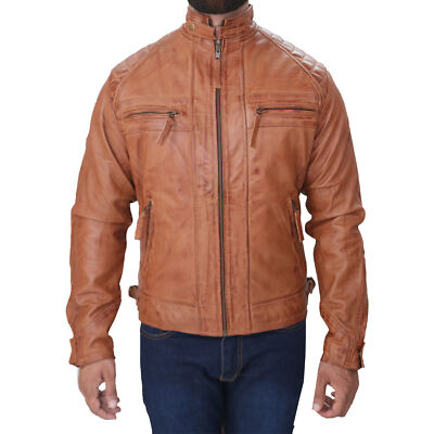 Men's Quilted Tan Brown Genuine Sheepskin Leather Motorcycle Stylish Jacket Coat