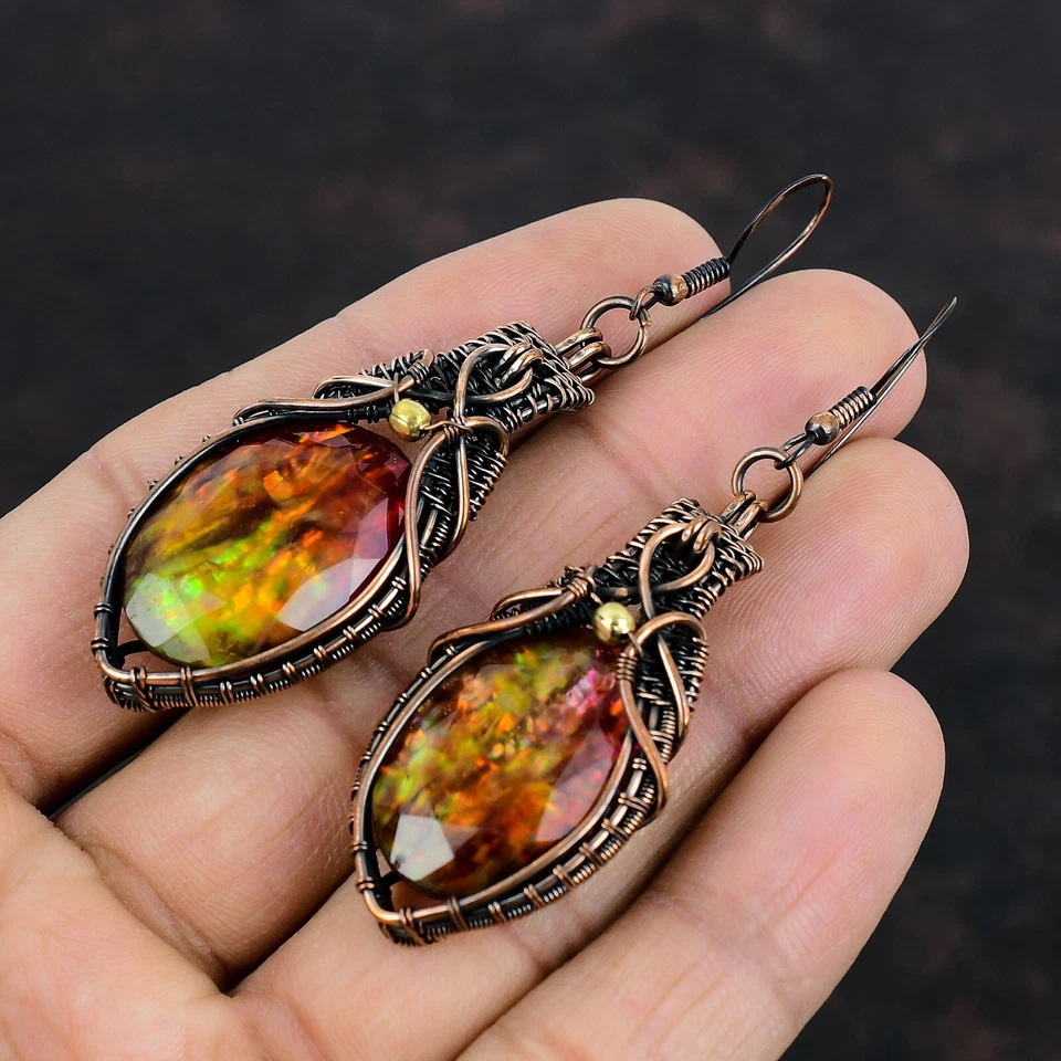 Joyería Ammolita Cobre Regalo Para Mamá Alambre Envuelto Pendientes Colgantes 2.95" Foto 4 de 4