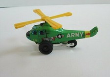 Vintage Tin Litho Friction Toy Army Helicopter Blades Turn When Rolled