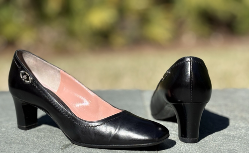 BALLY of Switzerland Womens eu36 LIXA Black PUMP chunky 2" heel Silver Logo sz 6