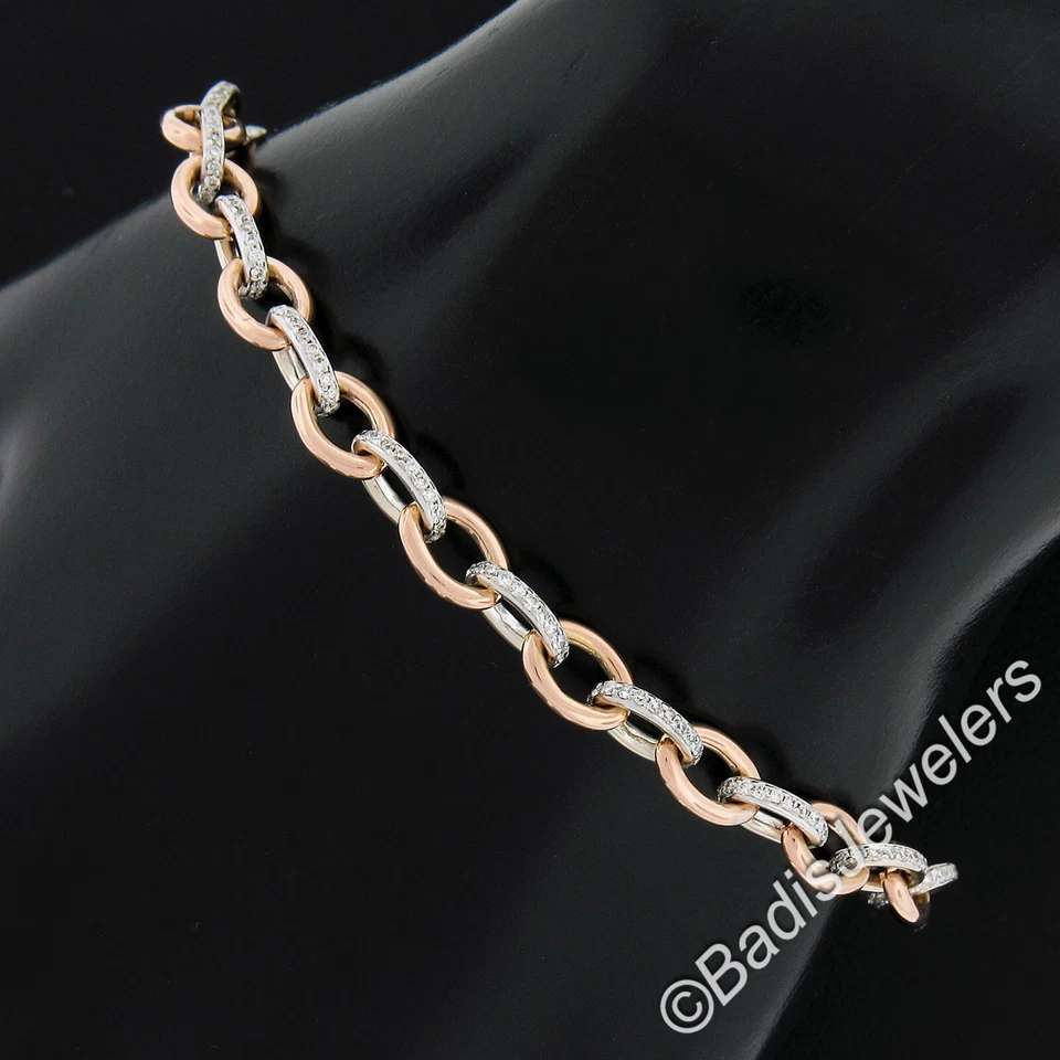 18K Rose & White Gold 7.25" Open Oval Link w/ 1ctw Pave Diamonds Links Bracelet - Image 2 of 4