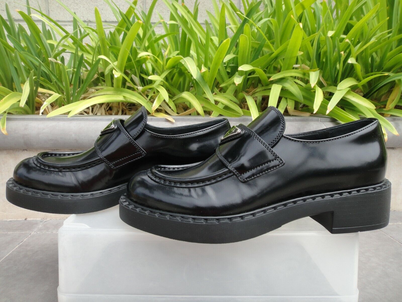 Prada Triangle Logo Loafer, 1D246M Spazzolato, Black Leather Wmn Prada Triangle Logo Loafer, 1D246M Spazzolato, Black Leather Wmn