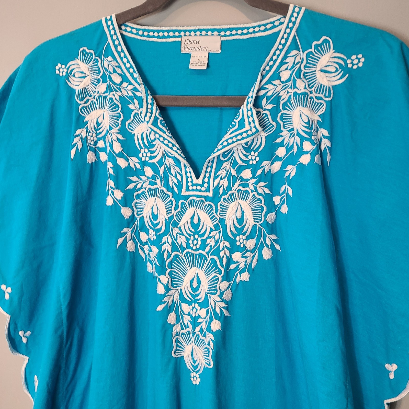 Vtg Kaftan Floral Embroidered Cottage Maxi Dress Sz Small Resort Cover Up Blue