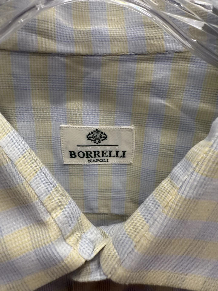 LUIGI BORRELLI NAPOLI Blue Yellow Stripe Cotton Men's Dress Shirt 17-43 - Image 3 of 4