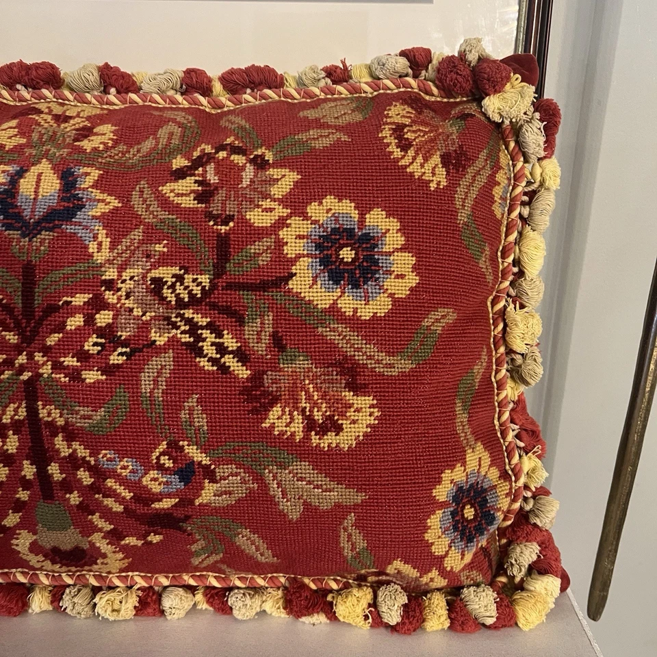 William Morris Old World Red Floral Needlepoint Pillow Wool Embroidery 18" x 28" - Image 4 of 4