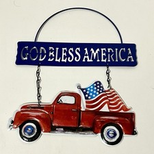 USA Truck Hanging Tin God Bless America 4th July Rustic Farmhouse Flag Americana
