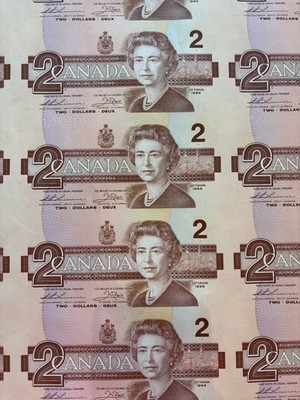 CANADA 2 DOLLARS - 1986 UNCUT COMPLETE SHEET OF 40 - BIRDS SERIES