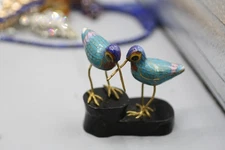 Vintage Mini Pair Cloisonné Enameled Sandpiper Birds on Stand Sculpture B1
