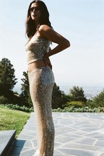 NWT Zara Shiny Disc Sequin Semi Sheer Wide Leg Knitted Trouser Sz S