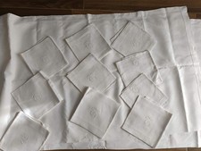 Tovaglia Grande D'epoca Fiandra Lino 9 Tovaglioli Cifrata C Più Tovaglia Piccola