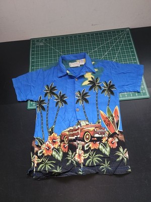 Thums Up Youth Size S Blue Car/Floral Aloha Hawaiian Shirt Rayon