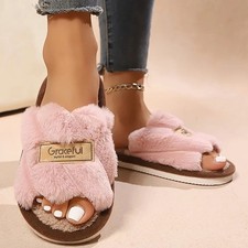 Womens Winter Plush Slippers Soft Indoor Open Toe Anti-slip Warm