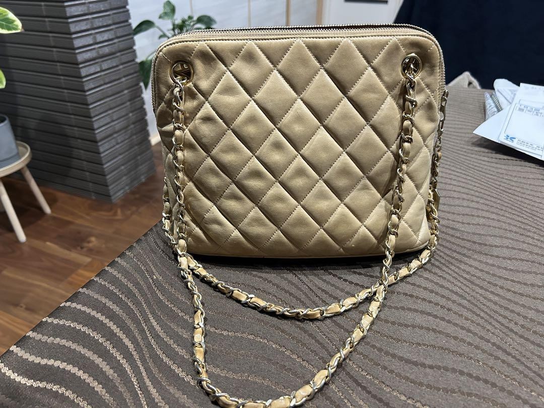 Chanel Gold Quilted Shoulder Bag with Logo Chain Handle Used Condition