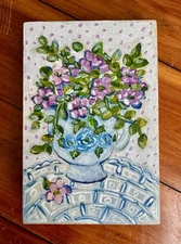 Floral still life blue & white teacup lace original art painting cottagecore