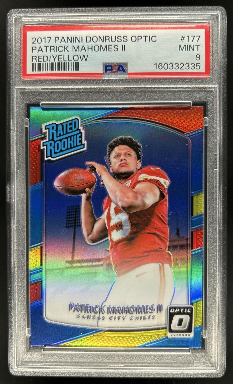 2017 Donruss Optic Patrick Mahomes II Red and Yellow RC Rated Rookie #177 PSA 9