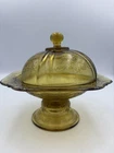 Vintage Federal Amber Glass Madrid Covered Pedestal Butter dish 6 1/2" T