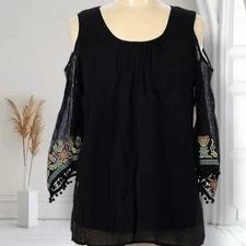 VaVa By Joy Han Top Black Bell Sleeves Embroidered Cold Shoulder Blouse Size M