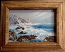 Stormy Coastline with seagulls SEASCAPE oil painitng original Framed Small Size