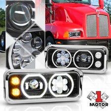 Black Housing LED DRL Dual Halo Projector Headlight Lamps for 81-19 Peterbilt