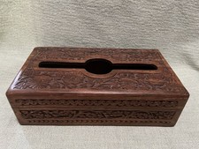 Vintage Solid Wooden Tissue Box Hinged Lid Handcrafted Carved Floral Pattern
